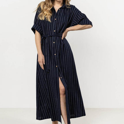 Striped Linen Shirtdress with Stand-Up Collar & Waist Belt - MimiStylez