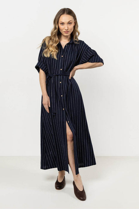 Striped Linen Shirtdress with Stand-Up Collar & Waist Belt - MimiStylez