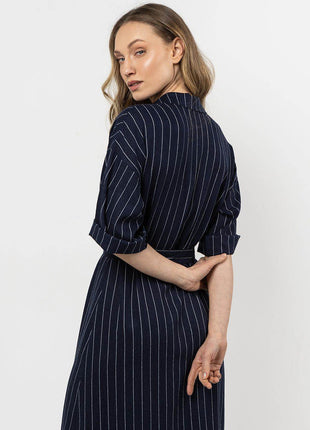 Striped Linen Shirtdress with Stand-Up Collar & Waist Belt - MimiStylez