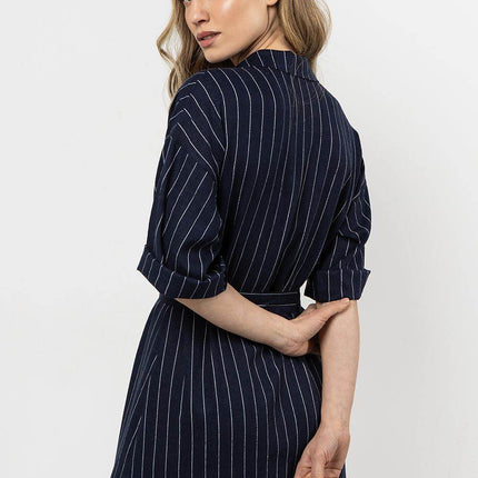 Striped Linen Shirtdress with Stand-Up Collar & Waist Belt - MimiStylez