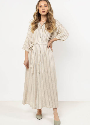 Striped Linen Shirtdress with Stand-Up Collar & Waist Belt - MimiStylez