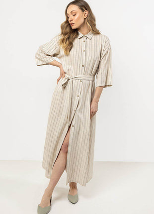 Striped Linen Shirtdress with Stand-Up Collar & Waist Belt - MimiStylez
