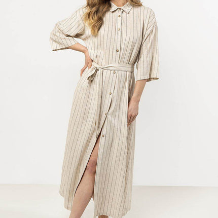 Striped Linen Shirtdress with Stand-Up Collar & Waist Belt - MimiStylez