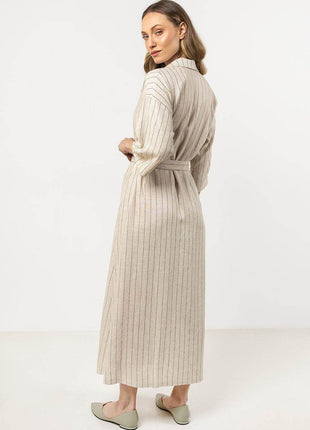 Striped Linen Shirtdress with Stand-Up Collar & Waist Belt - MimiStylez