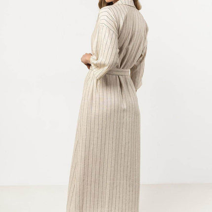 Striped Linen Shirtdress with Stand-Up Collar & Waist Belt - MimiStylez