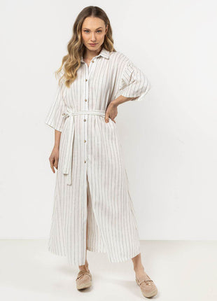 Striped Linen Shirtdress with Stand-Up Collar & Waist Belt - MimiStylez