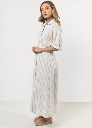 Striped Linen Shirtdress with Stand-Up Collar & Waist Belt - MimiStylez