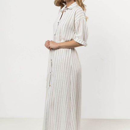Striped Linen Shirtdress with Stand-Up Collar & Waist Belt - MimiStylez
