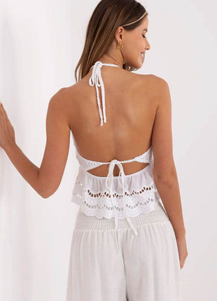 Boho Lace Knit Crop Top with Adjustable Tie Straps and Built-In Cups - MimiStylez