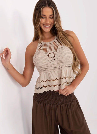 Boho Lace Knit Crop Top with Adjustable Tie Straps and Built-In Cups - MimiStylez