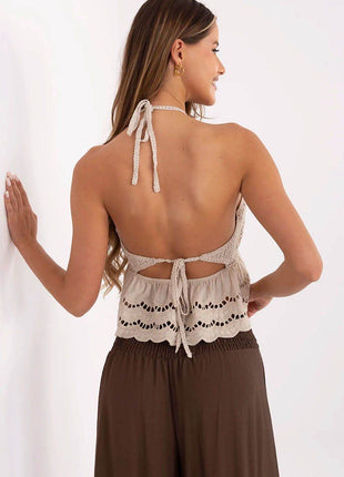 Boho Lace Knit Crop Top with Adjustable Tie Straps and Built-In Cups - MimiStylez