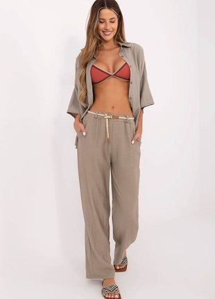 Women's Boho High-Waisted Wide-Leg Trousers – Viscose & Linen Blend - MimiStylez