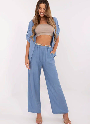 Women's Boho High-Waisted Wide-Leg Trousers – Viscose & Linen Blend - MimiStylez