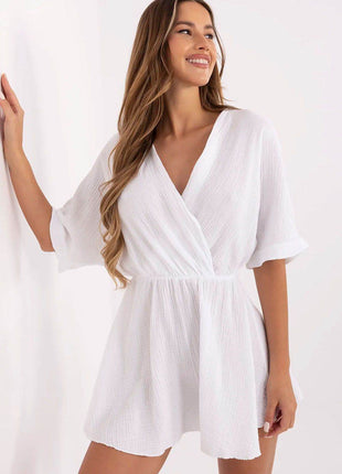 Short Muslin Cotton Jumpsuit – Wrap Neckline & Elastic Waist - MimiStylez