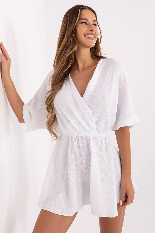 Short Muslin Cotton Jumpsuit – Wrap Neckline & Elastic Waist - MimiStylez
