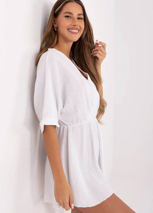 Short Muslin Cotton Jumpsuit – Wrap Neckline & Elastic Waist - MimiStylez