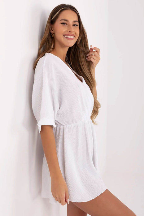 Short Muslin Cotton Jumpsuit – Wrap Neckline & Elastic Waist - MimiStylez