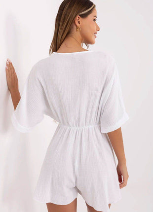 Short Muslin Cotton Jumpsuit – Wrap Neckline & Elastic Waist - MimiStylez