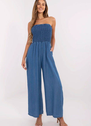 Sleeveless Denim Jumpsuit – Lyocell Fabric with Smocked Waist - MimiStylez