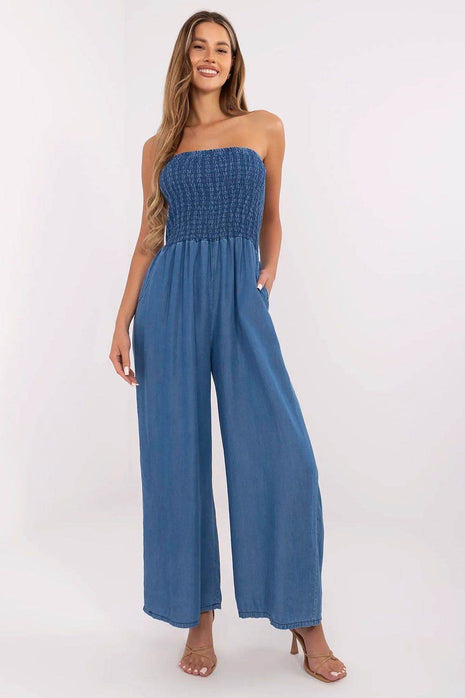 Sleeveless Denim Jumpsuit – Lyocell Fabric with Smocked Waist - MimiStylez