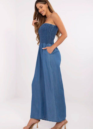 Sleeveless Denim Jumpsuit – Lyocell Fabric with Smocked Waist - MimiStylez