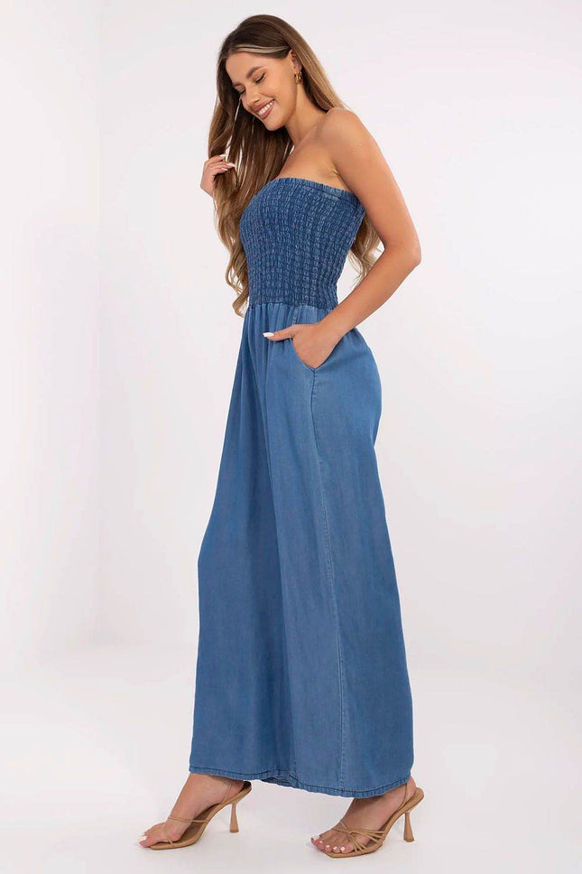 Sleeveless Denim Jumpsuit – Lyocell Fabric with Smocked Waist - MimiStylez