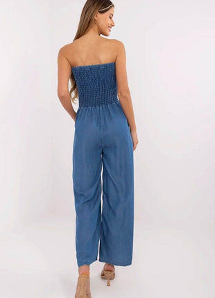 Sleeveless Denim Jumpsuit – Lyocell Fabric with Smocked Waist - MimiStylez