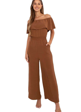 Off-Shoulder Ruffle Jumpsuit – Elastic Waist & Wide Legs - MimiStylez
