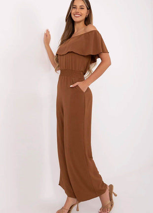 Off-Shoulder Ruffle Jumpsuit – Elastic Waist & Wide Legs - MimiStylez