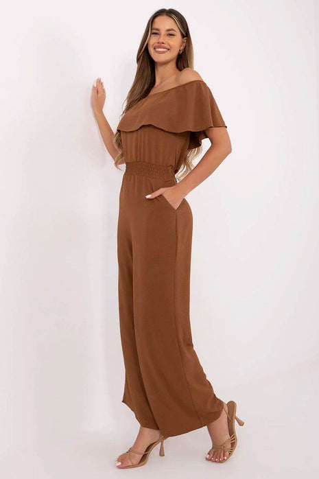 Off-Shoulder Ruffle Jumpsuit – Elastic Waist & Wide Legs - MimiStylez