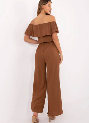 Off-Shoulder Ruffle Jumpsuit – Elastic Waist & Wide Legs - MimiStylez