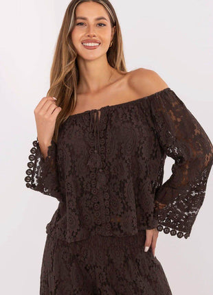 Elegant Lace Blouse with Spanish Neckline and Waist Tie - MimiStylez