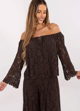 Elegant Lace Blouse with Spanish Neckline and Waist Tie - MimiStylez
