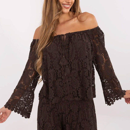 Elegant Lace Blouse with Spanish Neckline and Waist Tie - MimiStylez