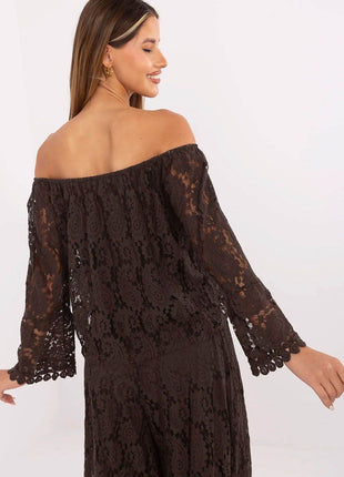 Elegant Lace Blouse with Spanish Neckline and Waist Tie - MimiStylez
