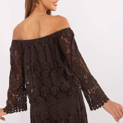 Elegant Lace Blouse with Spanish Neckline and Waist Tie - MimiStylez