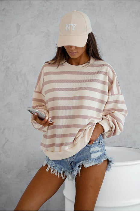 Loose-Fit Striped Sweatshirt with Round Neckline – Comfortable & Casual - MimiStylez