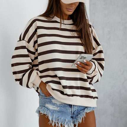 Loose-Fit Striped Sweatshirt with Round Neckline – Comfortable & Casual - MimiStylez