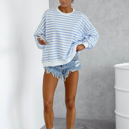 Loose-Fit Striped Sweatshirt with Round Neckline – Comfortable & Casual - MimiStylez