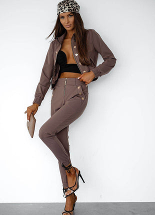 Elegant Two-Piece Women's Set with Zipper Blouse and Tailored Pants - MimiStylez