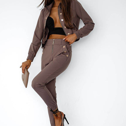 Elegant Two-Piece Women's Set with Zipper Blouse and Tailored Pants - MimiStylez