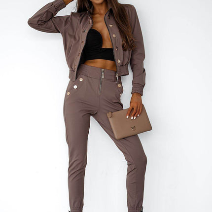 Elegant Two-Piece Women's Set with Zipper Blouse and Tailored Pants - MimiStylez
