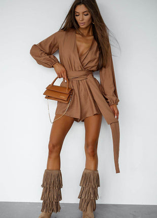 Flowy Wrap Jumpsuit with Puff Sleeves & Waist Tie – Stylish & Feminine Fit - MimiStylez