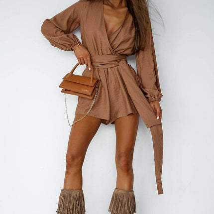 Flowy Wrap Jumpsuit with Puff Sleeves & Waist Tie – Stylish & Feminine Fit - MimiStylez