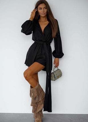 Flowy Wrap Jumpsuit with Puff Sleeves & Waist Tie – Stylish & Feminine Fit - MimiStylez