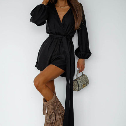 Flowy Wrap Jumpsuit with Puff Sleeves & Waist Tie – Stylish & Feminine Fit - MimiStylez
