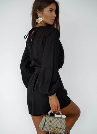 Flowy Wrap Jumpsuit with Puff Sleeves & Waist Tie – Stylish & Feminine Fit - MimiStylez