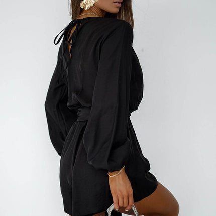 Flowy Wrap Jumpsuit with Puff Sleeves & Waist Tie – Stylish & Feminine Fit - MimiStylez
