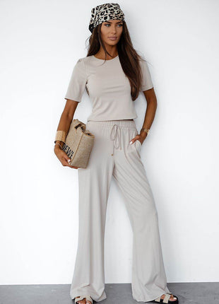 Ladies' Viscose Set with Short-Sleeve Top & Tie-Waist Pants – Soft, Stretchy & Everyday Ready - MimiStylez