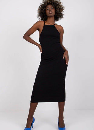 Ribbed Cotton Midi Pencil Cotton Dress with Square Neckline - MimiStylez